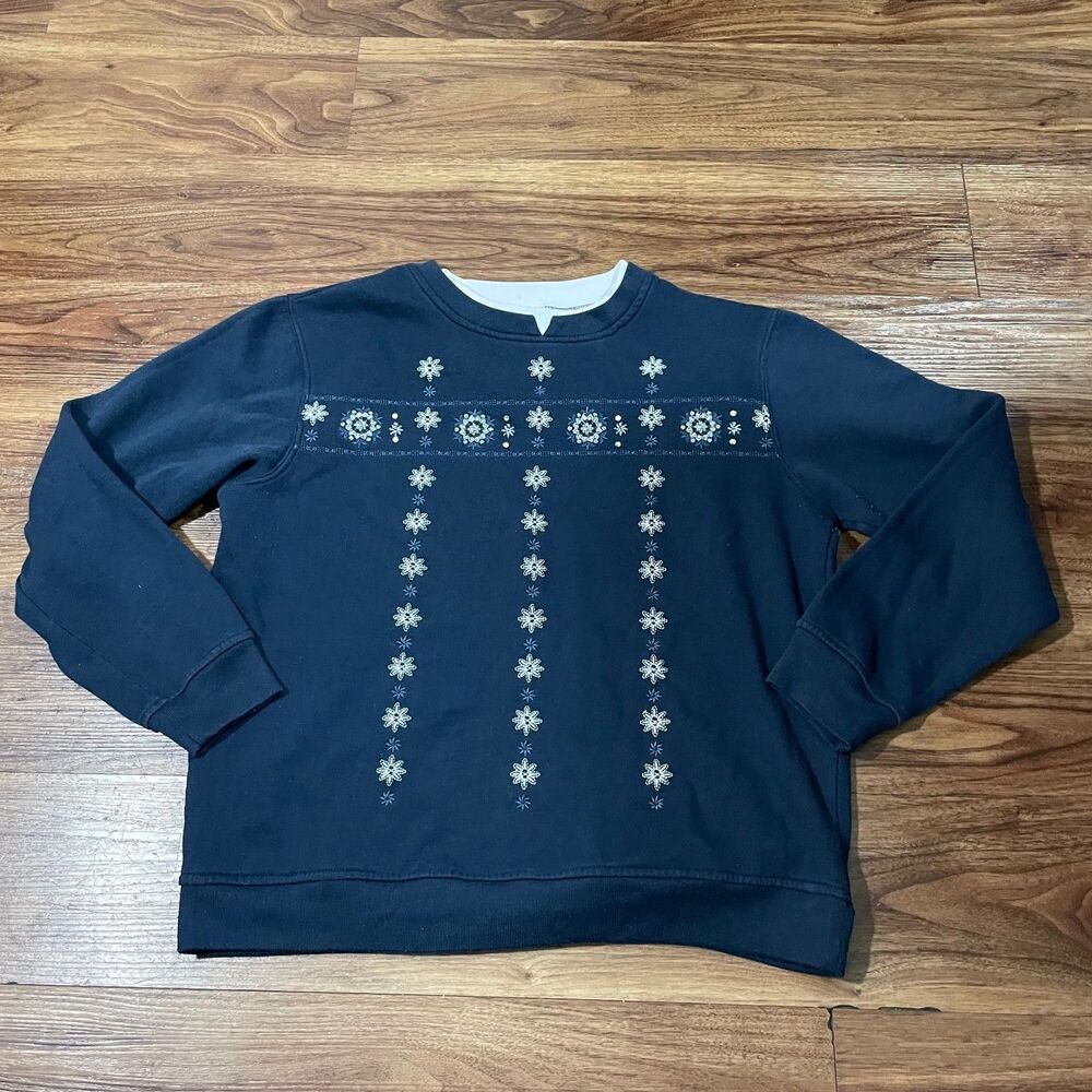 Feather Sweater Crew Neck Cotton Floral Long Sleeve Navy Blue Womens Size Medium